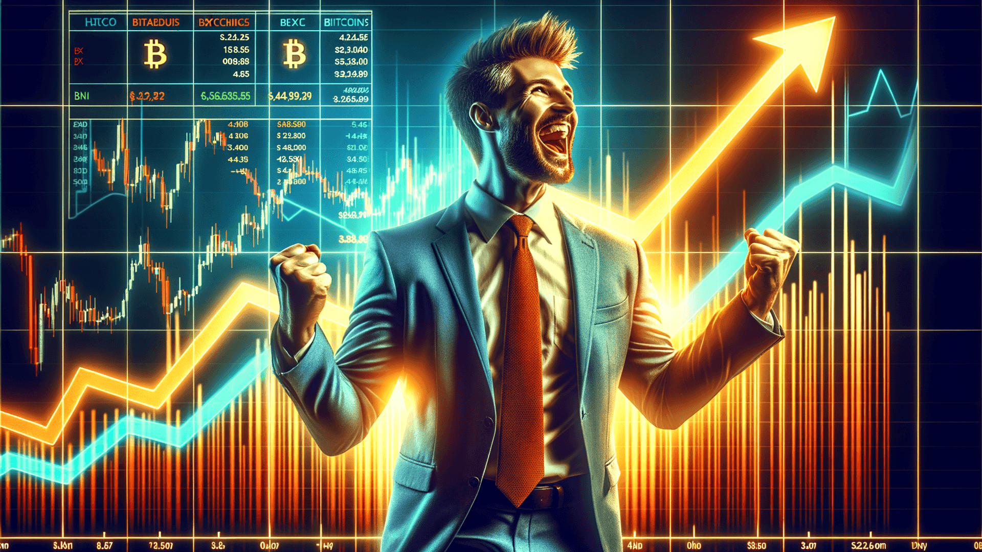 Excited man in suit celebrating financial success with digital stock charts and upward arrows in background.