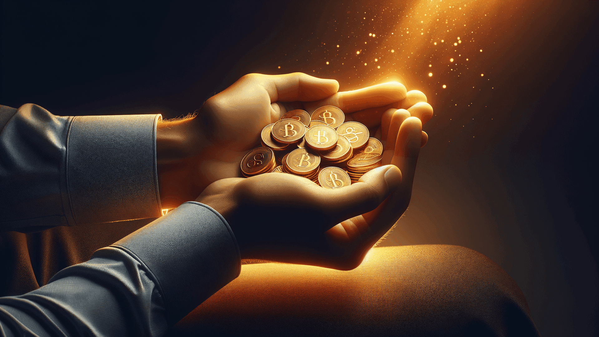 Hands holding glowing Bitcoin coins with a dark background and golden light.