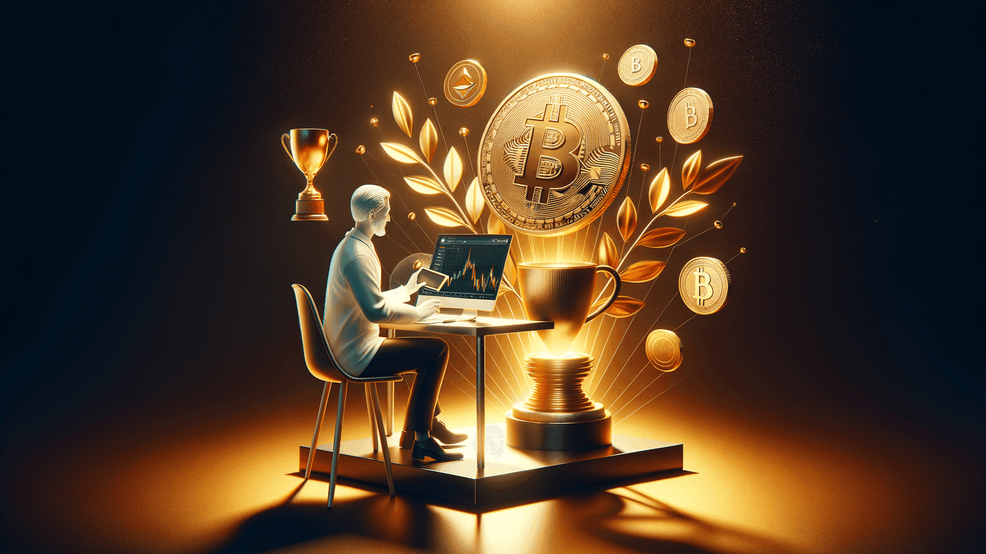 Person sitting at a desk with a computer displaying cryptocurrency charts, surrounded by golden bitcoins and trophies.