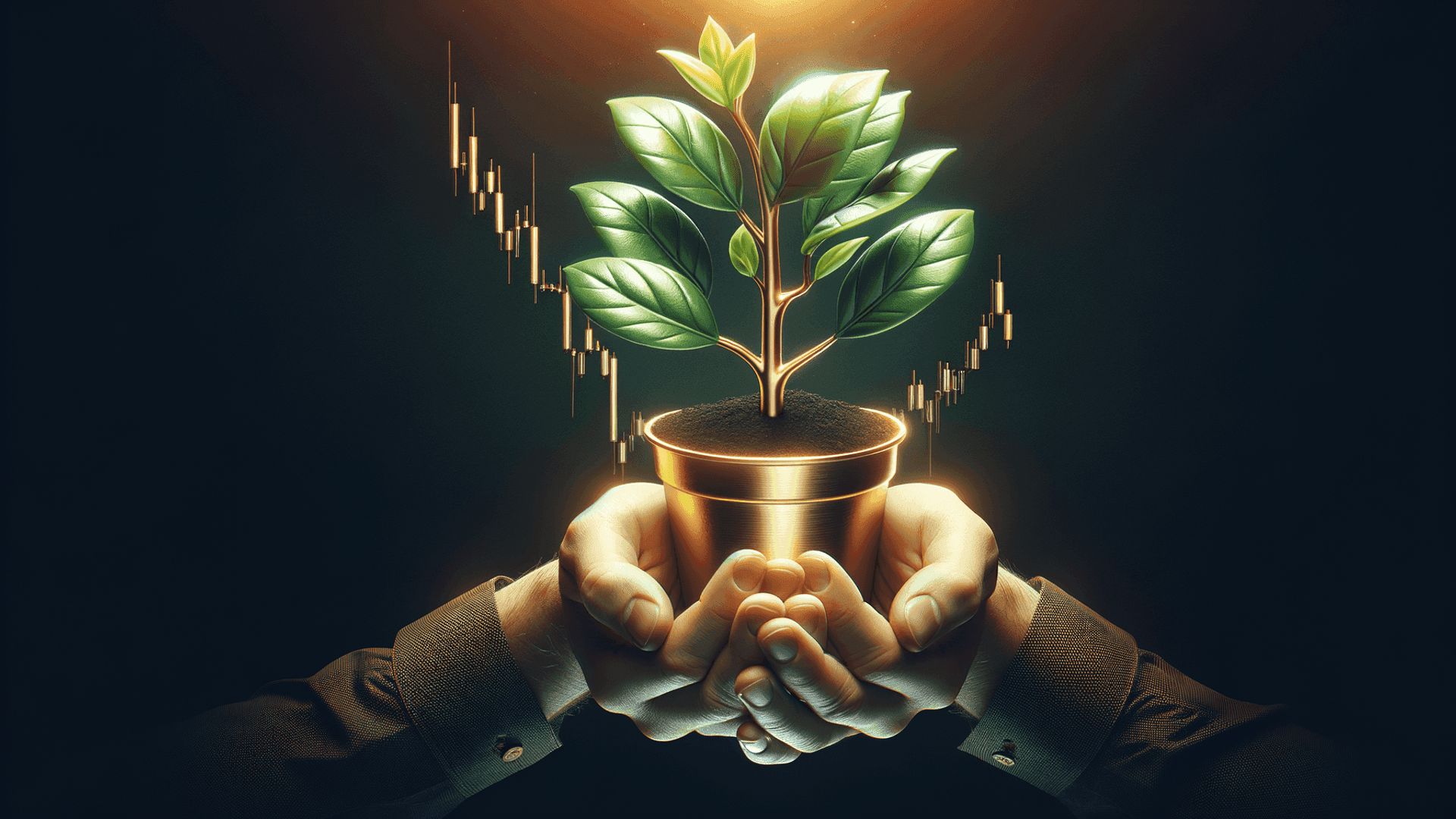 Hands holding a glowing pot with a growing plant, surrounded by stock chart candlesticks.