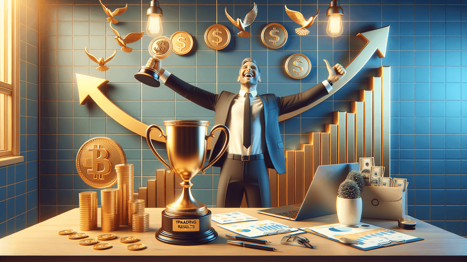 Businessman celebrating financial success with trophy, Bitcoin symbol, and gold coins in futuristic office setting.