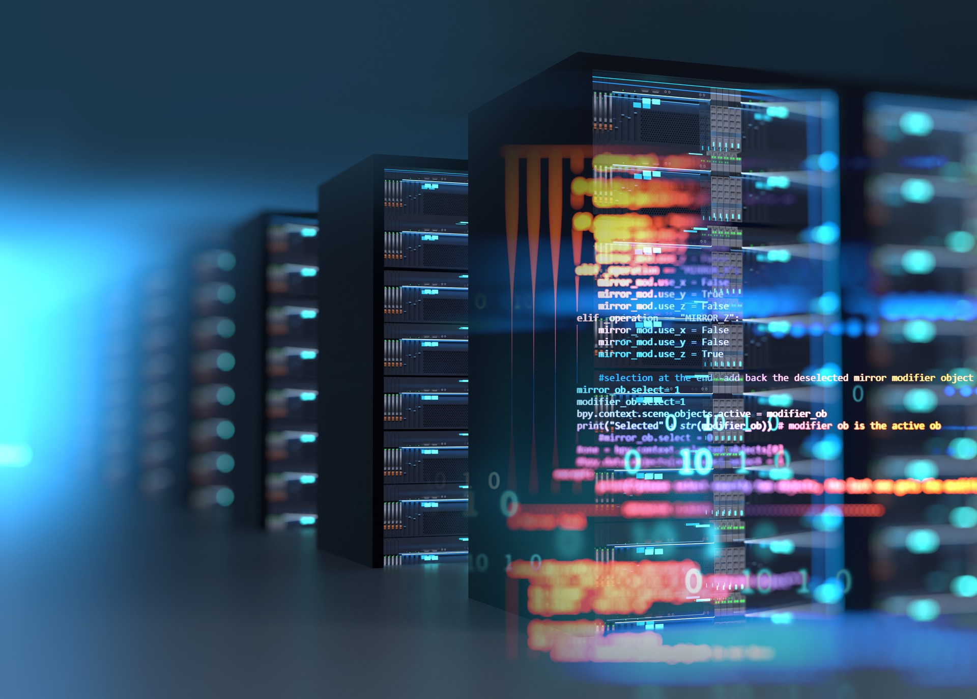 Corridor of  server room 3d illustration with node base programming data  design element.